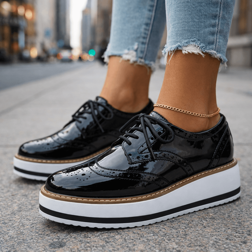 Women's Platform Brogue Shoes – Glossy Lace-Up Oxfords with Chunky Sole