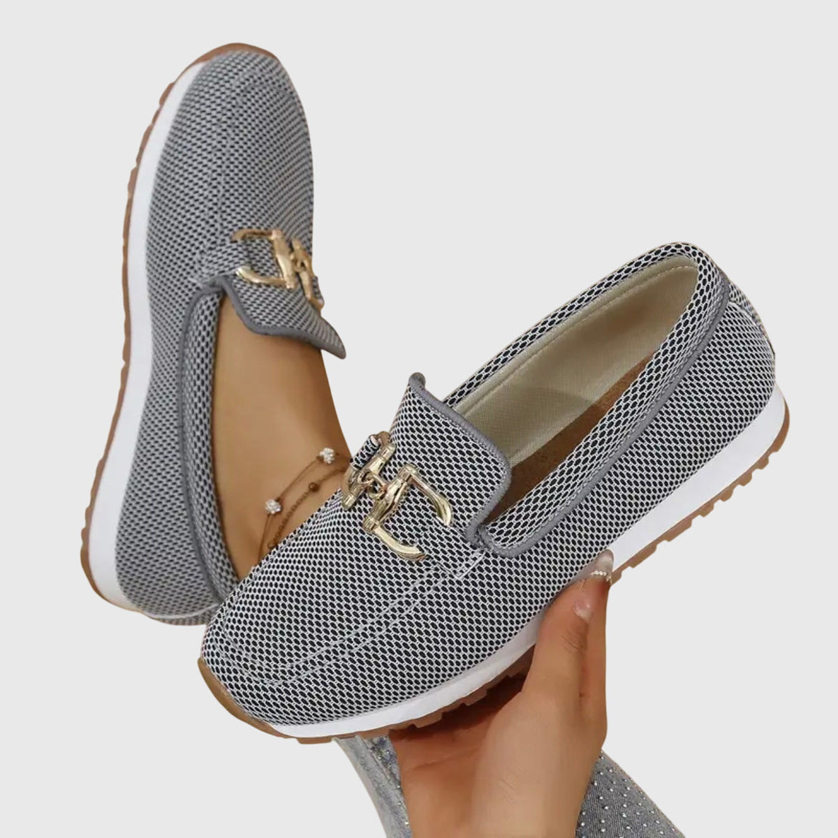 Women's Knit Mesh Loafer Sneakers – Slip-On Shoes with Gold-Tone Bit Buckle