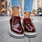 Women's Platform Brogue Shoes – Glossy Lace-Up Oxfords with Chunky Sole