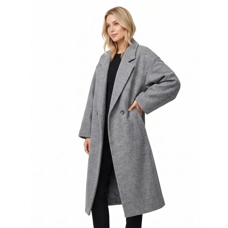 Women's Long Double-Breasted Coat – Drop Shoulder Notch Lapel Winter Coat