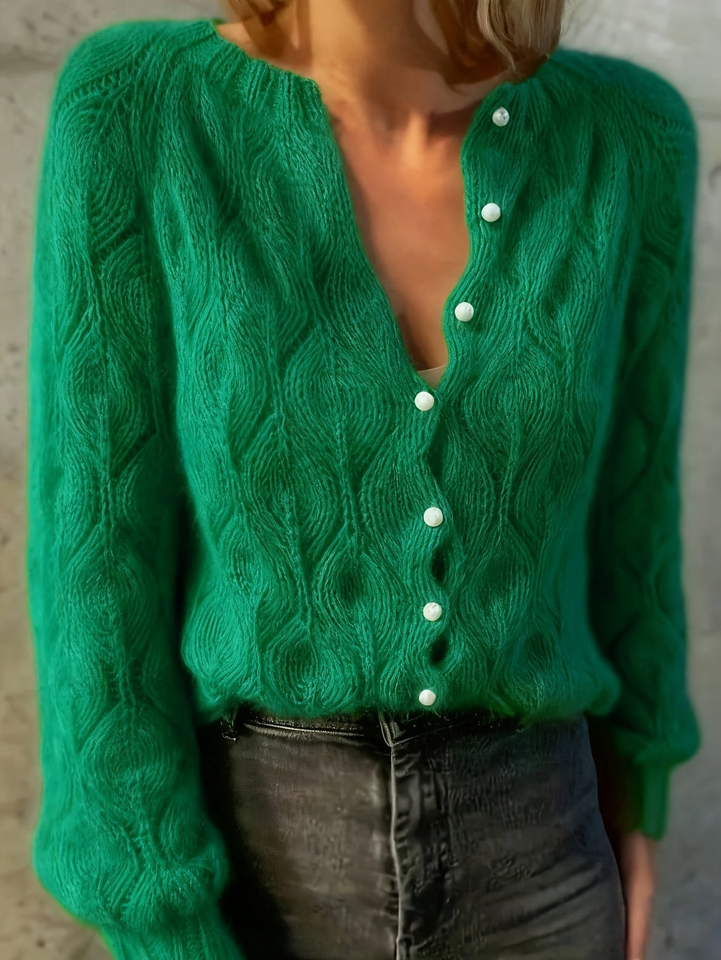 Women's Faux Mink Knit Cardigan – Pearl Button V-Neck Puff Shoulder Sweater