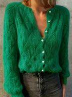 Women's Faux Mink Knit Cardigan – Pearl Button V-Neck Puff Shoulder Sweater