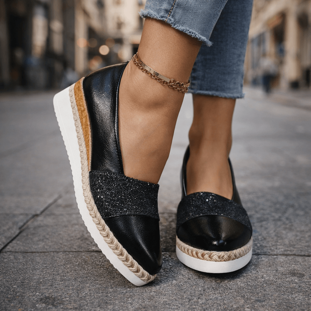 Women's Glitter Platform Wedge Shoes – Shimmering Slip-On Wedges