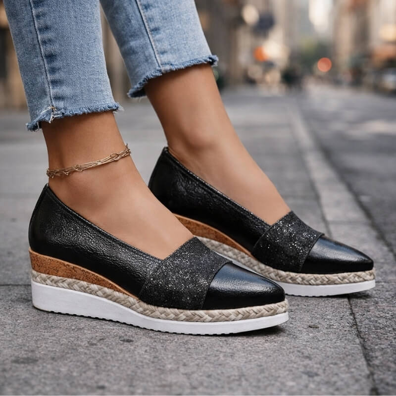 Women's Glitter Platform Wedge Shoes – Shimmering Slip-On Wedges