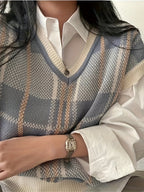 Women's Plaid V-Neck Sweater Vest – Knit Layering Vest with Ribbed Trim