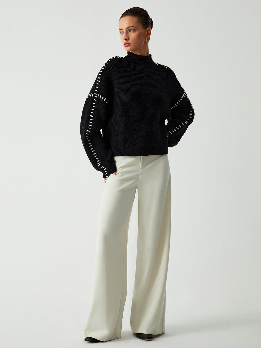 Women's Oversized Mock Neck Sweater – Minimal Long Sleeve Knit Pullover