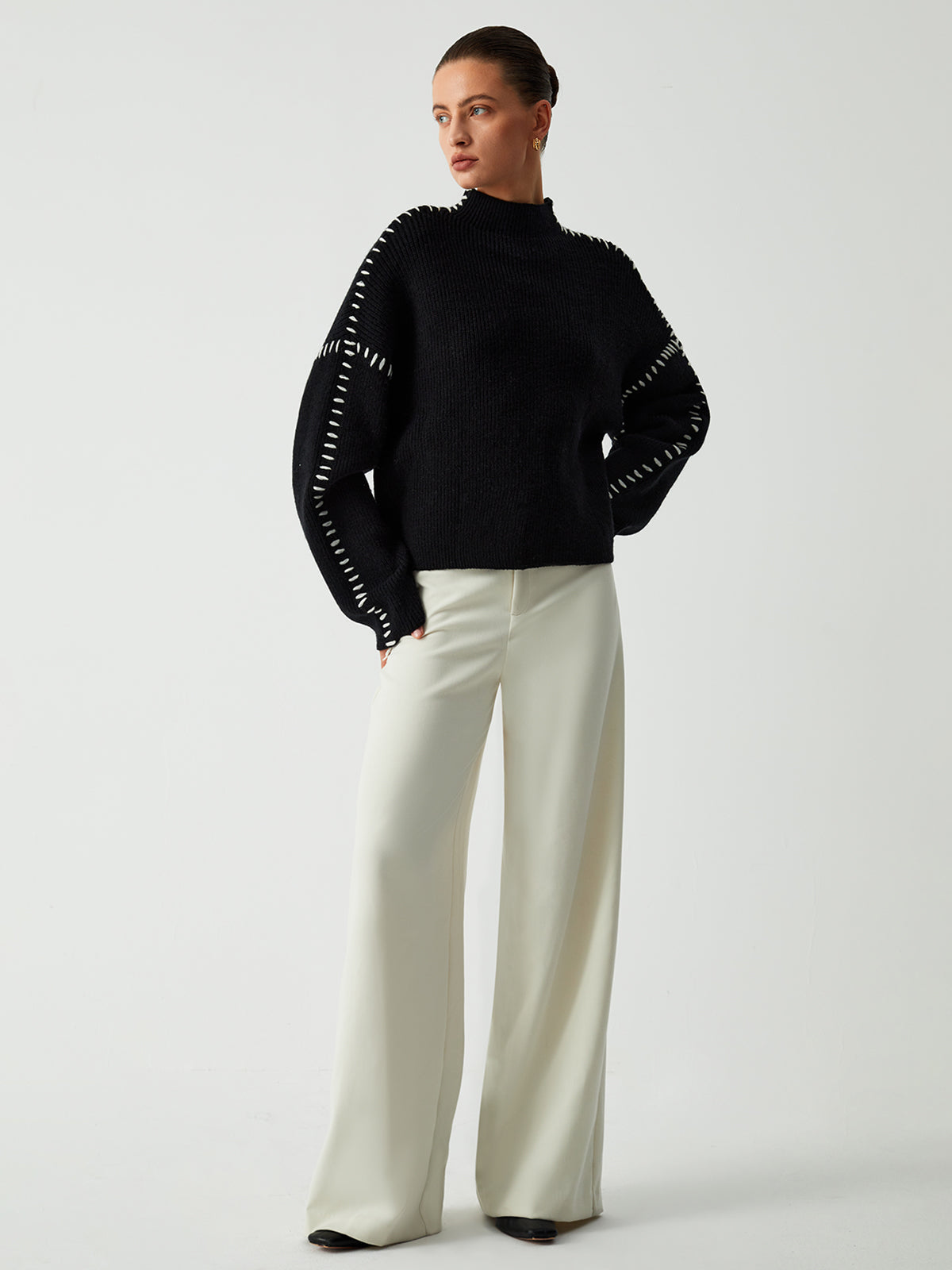 Women's Oversized Mock Neck Sweater – Minimal Long Sleeve Knit Pullover