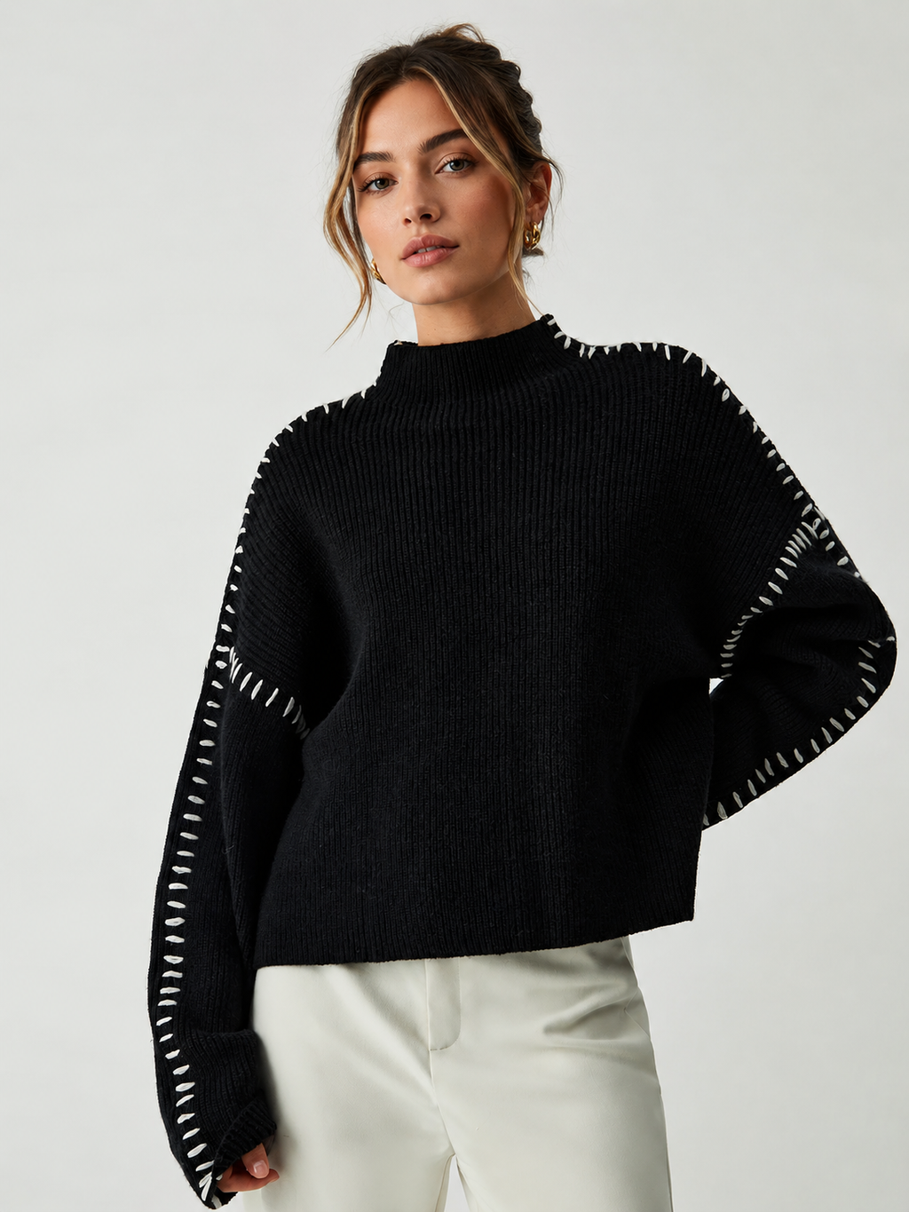 Women's Oversized Mock Neck Sweater – Minimal Long Sleeve Knit Pullover