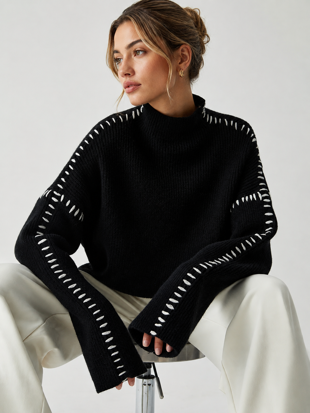 Women's Oversized Mock Neck Sweater – Minimal Long Sleeve Knit Pullover