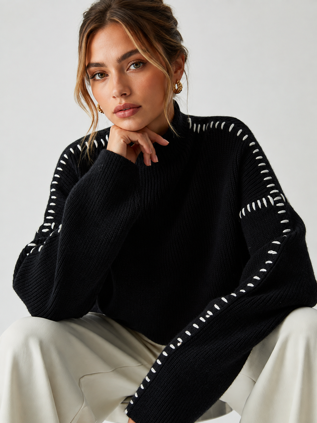 Women's Oversized Mock Neck Sweater – Minimal Long Sleeve Knit Pullover