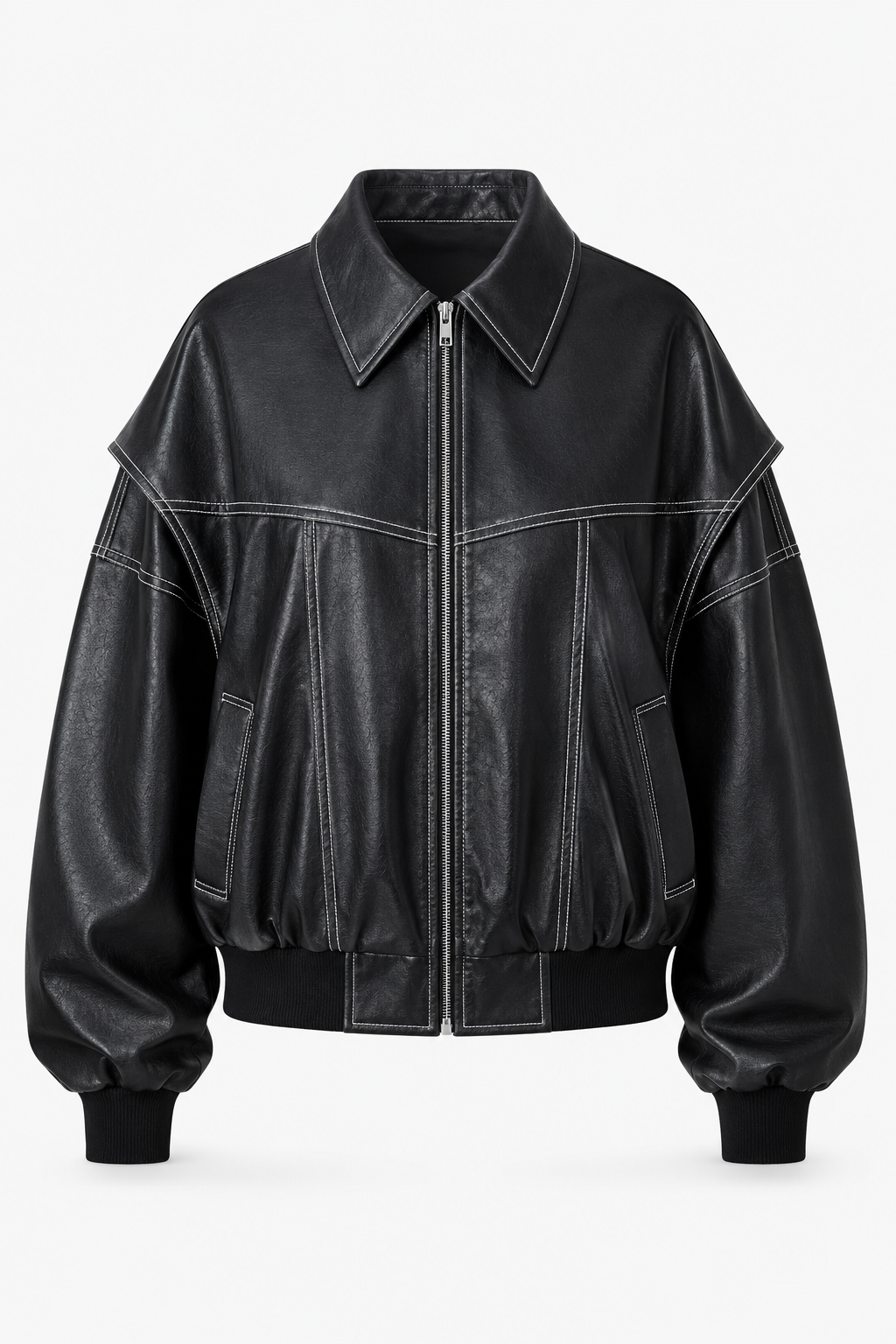 Women's Oversized Bomber Jacket – Contrast Stitch Zip-Up Collared Jacket