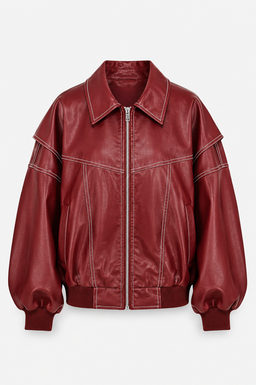 Women's Oversized Bomber Jacket – Contrast Stitch Zip-Up Collared Jacket