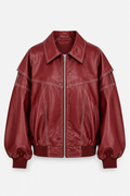 Women's Oversized Bomber Jacket – Contrast Stitch Zip-Up Collared Jacket