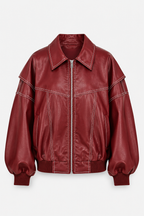 Women's Oversized Bomber Jacket – Contrast Stitch Zip-Up Collared Jacket