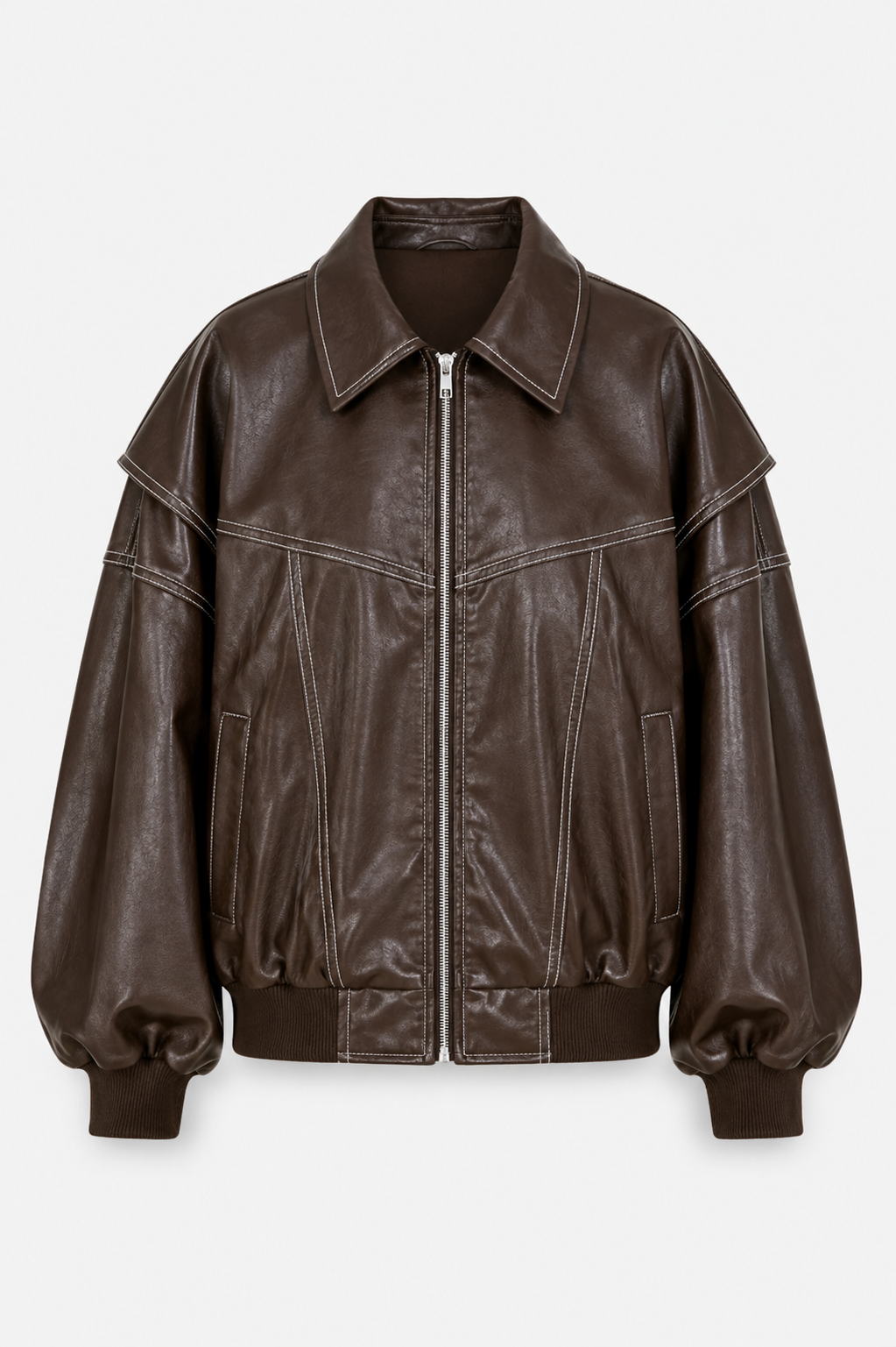 Women's Oversized Bomber Jacket – Contrast Stitch Zip-Up Collared Jacket