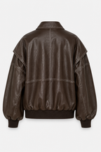 Women's Oversized Bomber Jacket – Contrast Stitch Zip-Up Collared Jacket