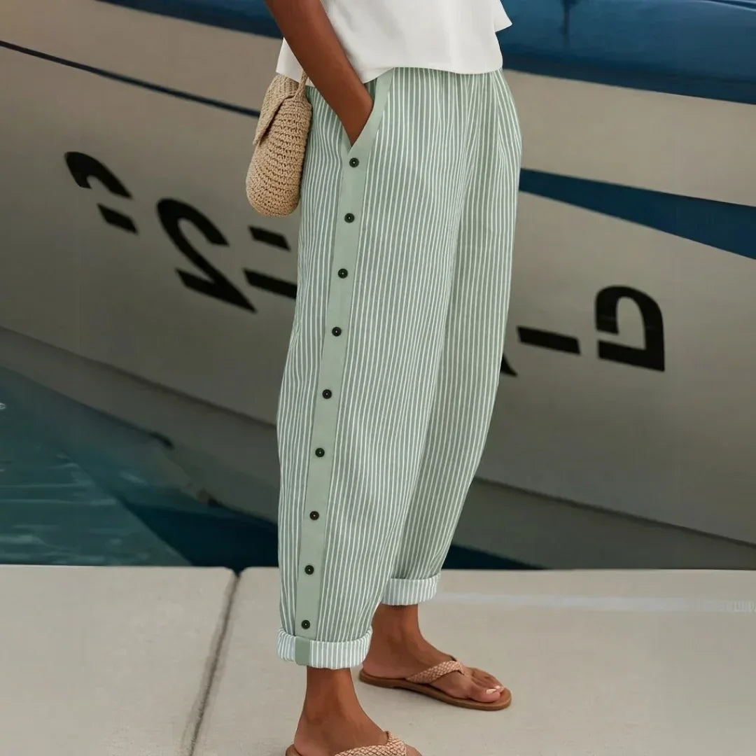 Women's High-Waisted Striped Pants – Tailored Trousers with Button Detail