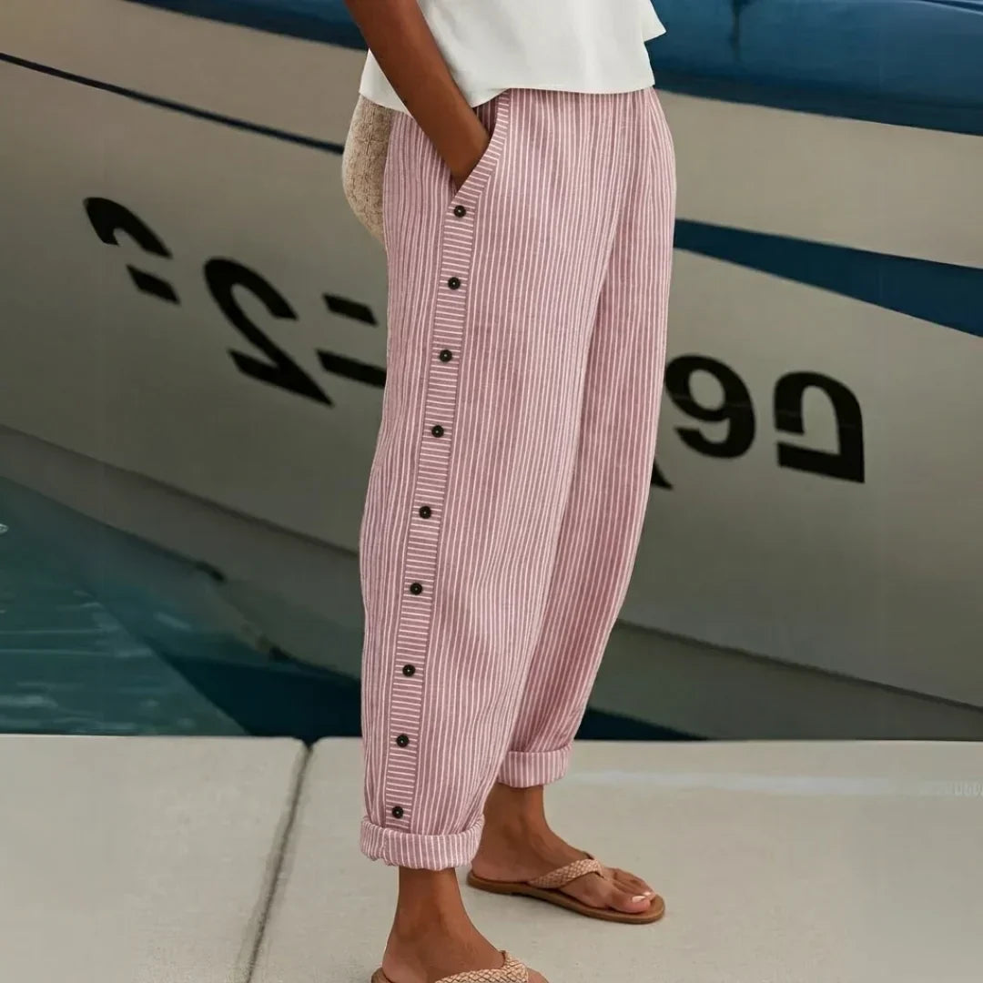Women's High-Waisted Striped Pants – Tailored Trousers with Button Detail