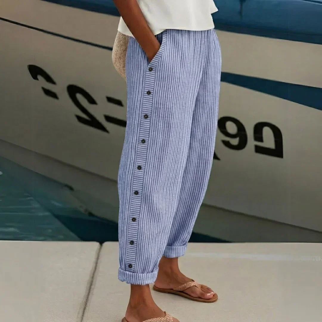 Women's High-Waisted Striped Pants – Tailored Trousers with Button Detail