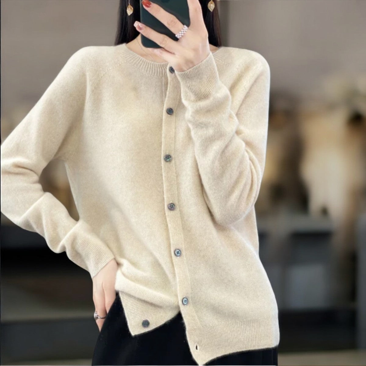 Women's Crewneck Button-Up Cardigan – Classic Soft Knit Sweater