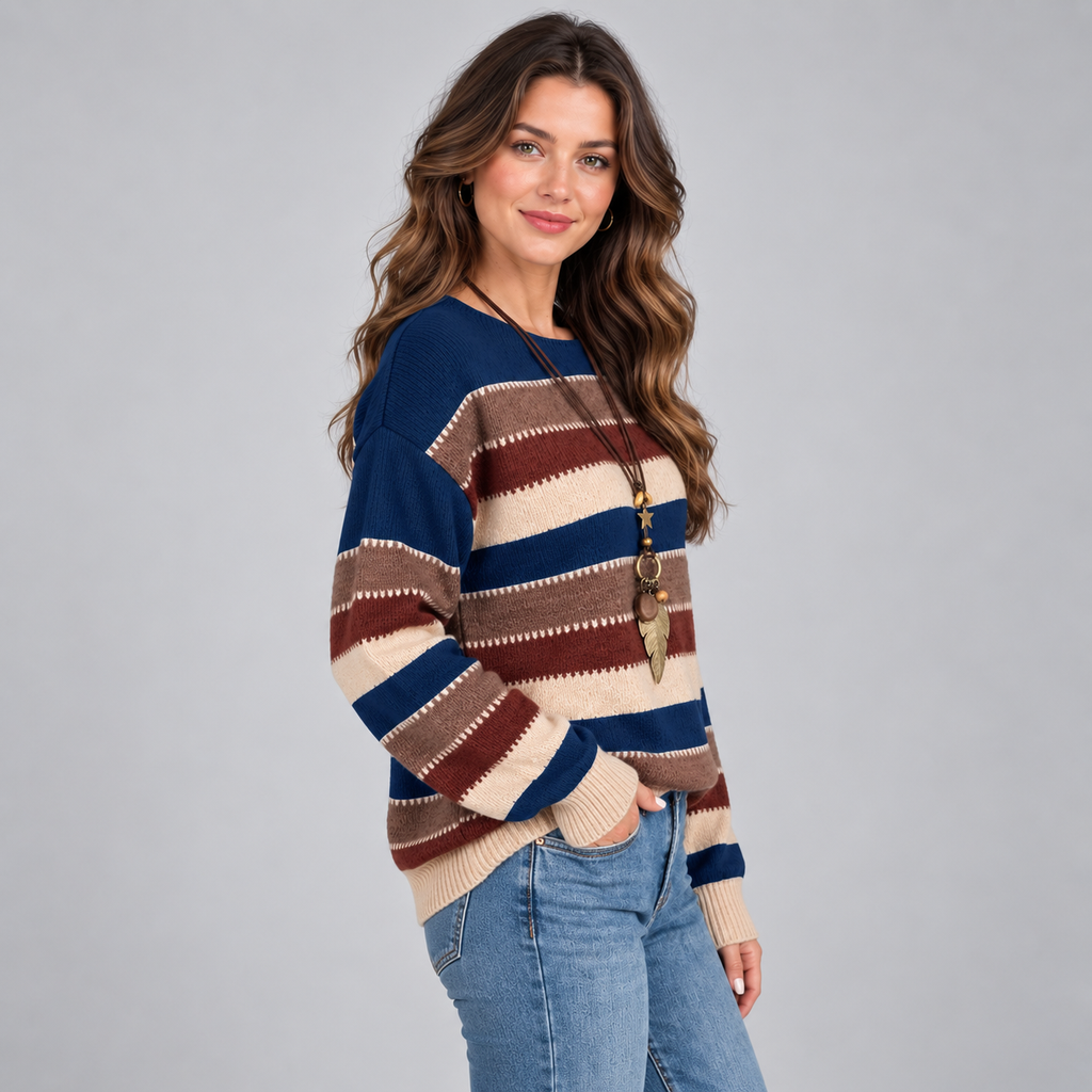 Women's Striped Crewneck Sweater – Loose Fit Knit Pullover