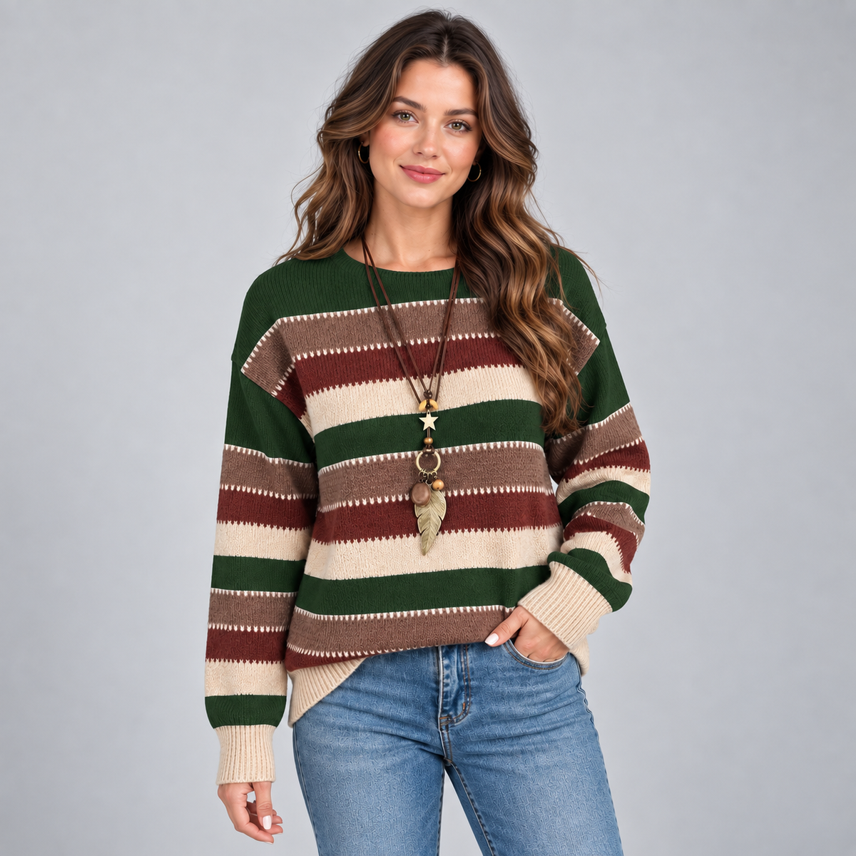 Women's Striped Crewneck Sweater – Loose Fit Knit Pullover