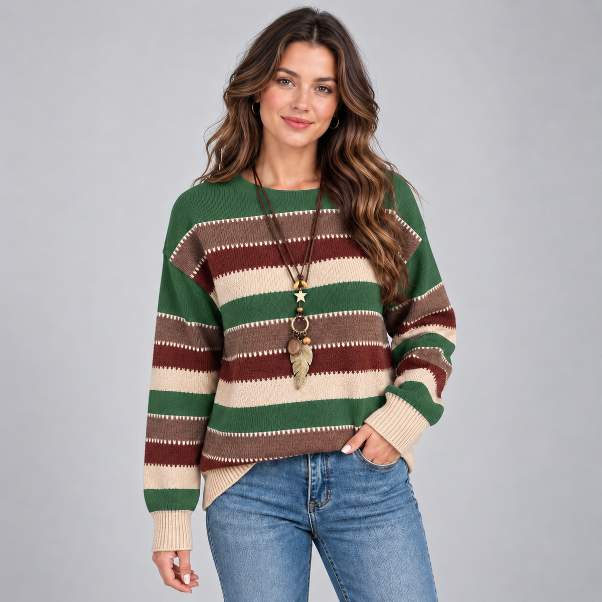 Women's Striped Crewneck Sweater – Loose Fit Knit Pullover