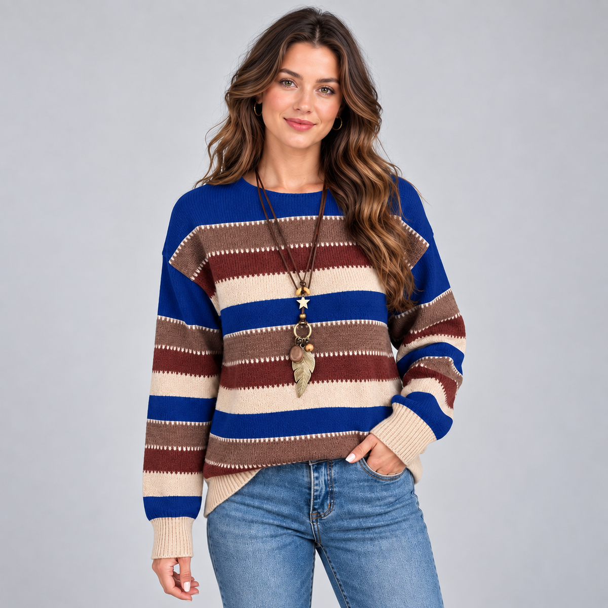 Women's Striped Crewneck Sweater – Loose Fit Knit Pullover