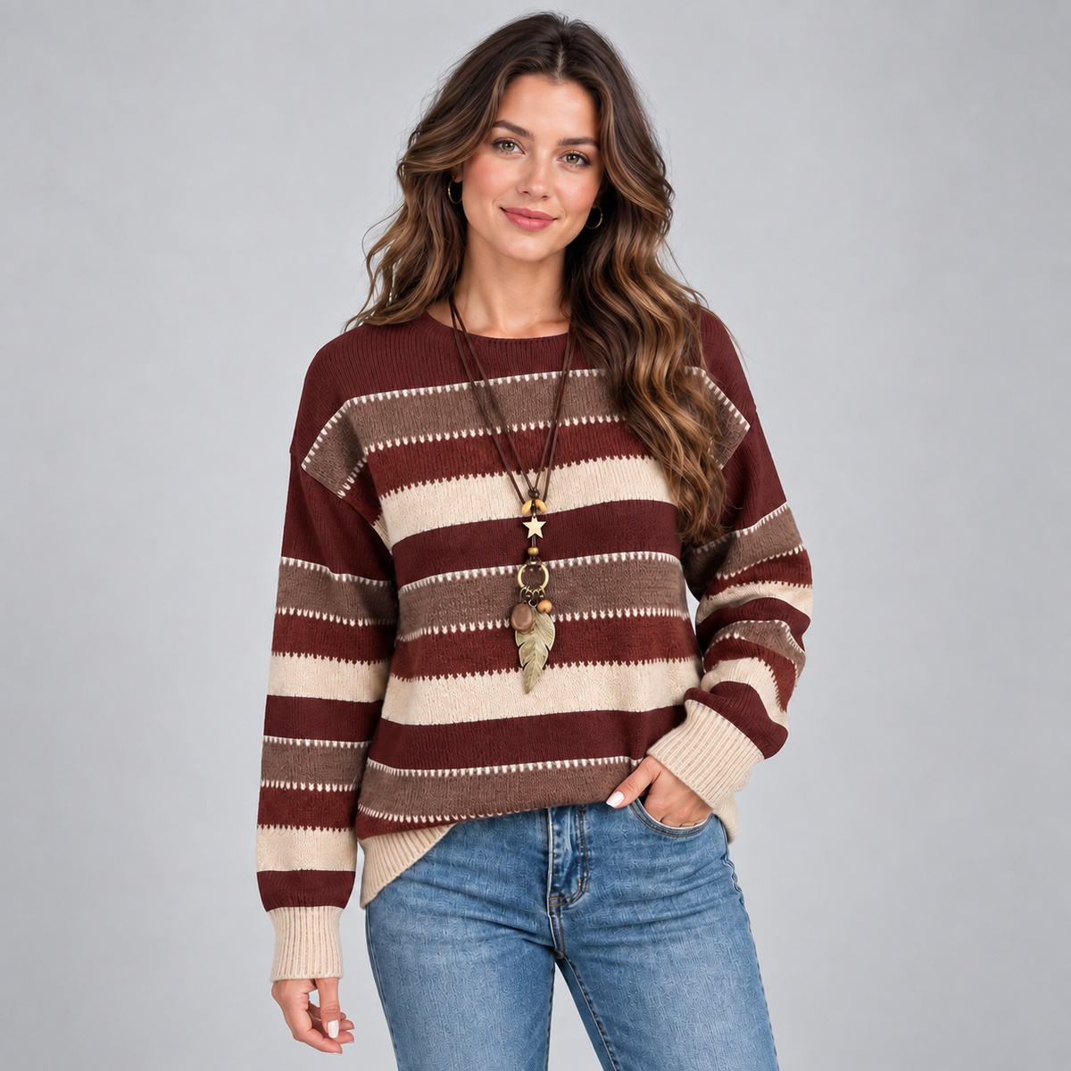 Women's Striped Crewneck Sweater – Loose Fit Knit Pullover