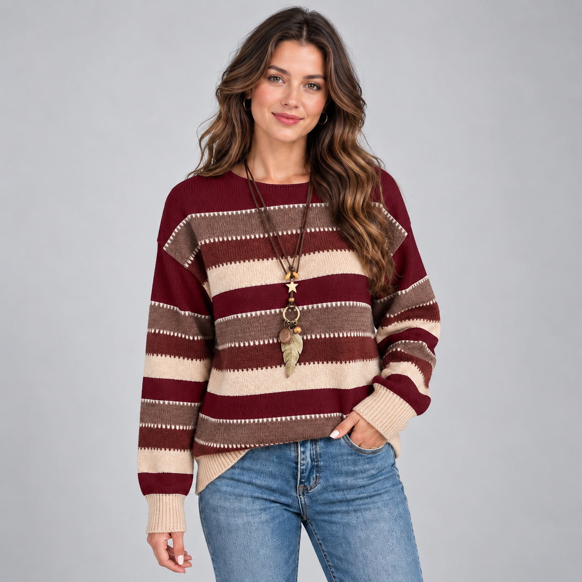 Women's Striped Crewneck Sweater – Loose Fit Knit Pullover
