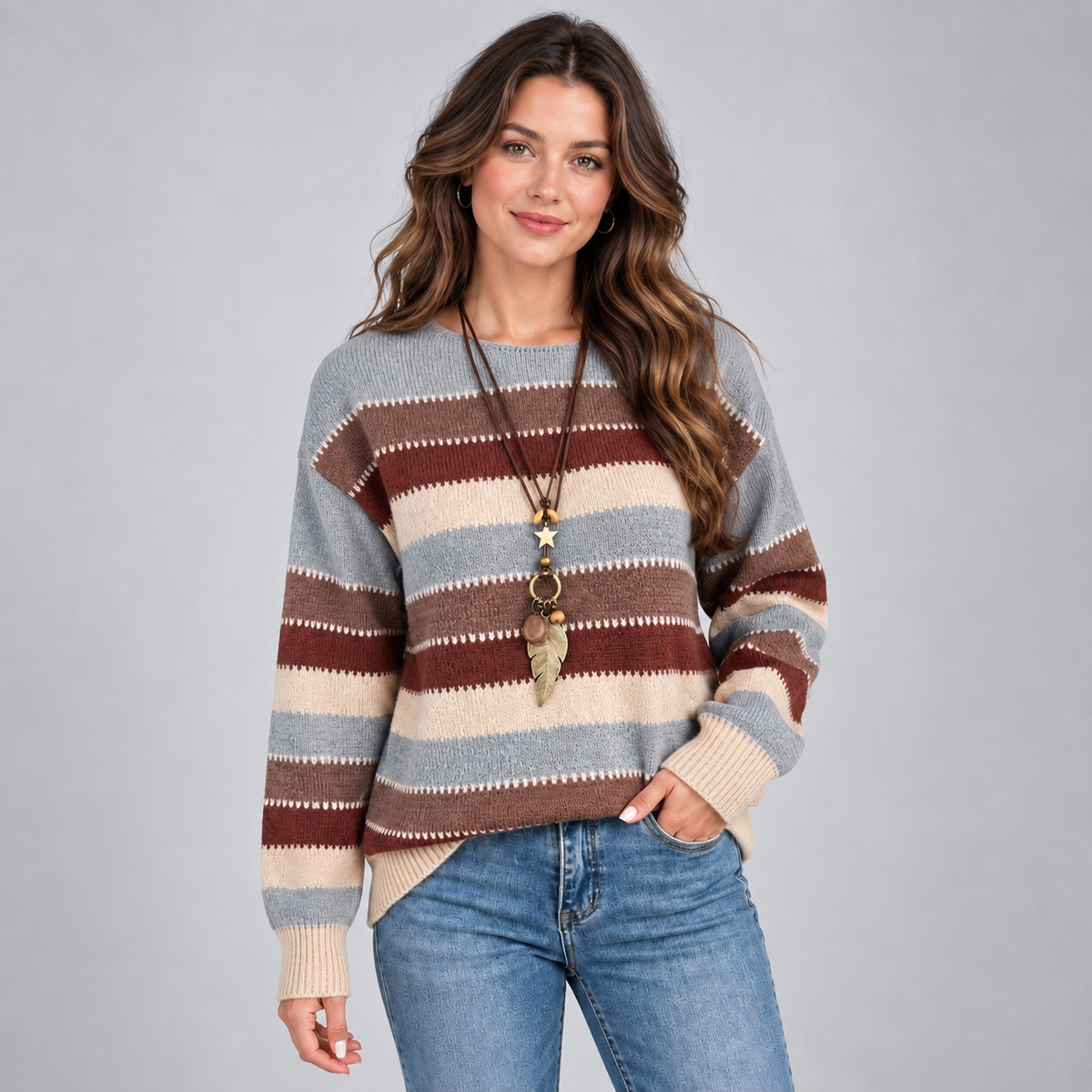 Women's Striped Crewneck Sweater – Loose Fit Knit Pullover