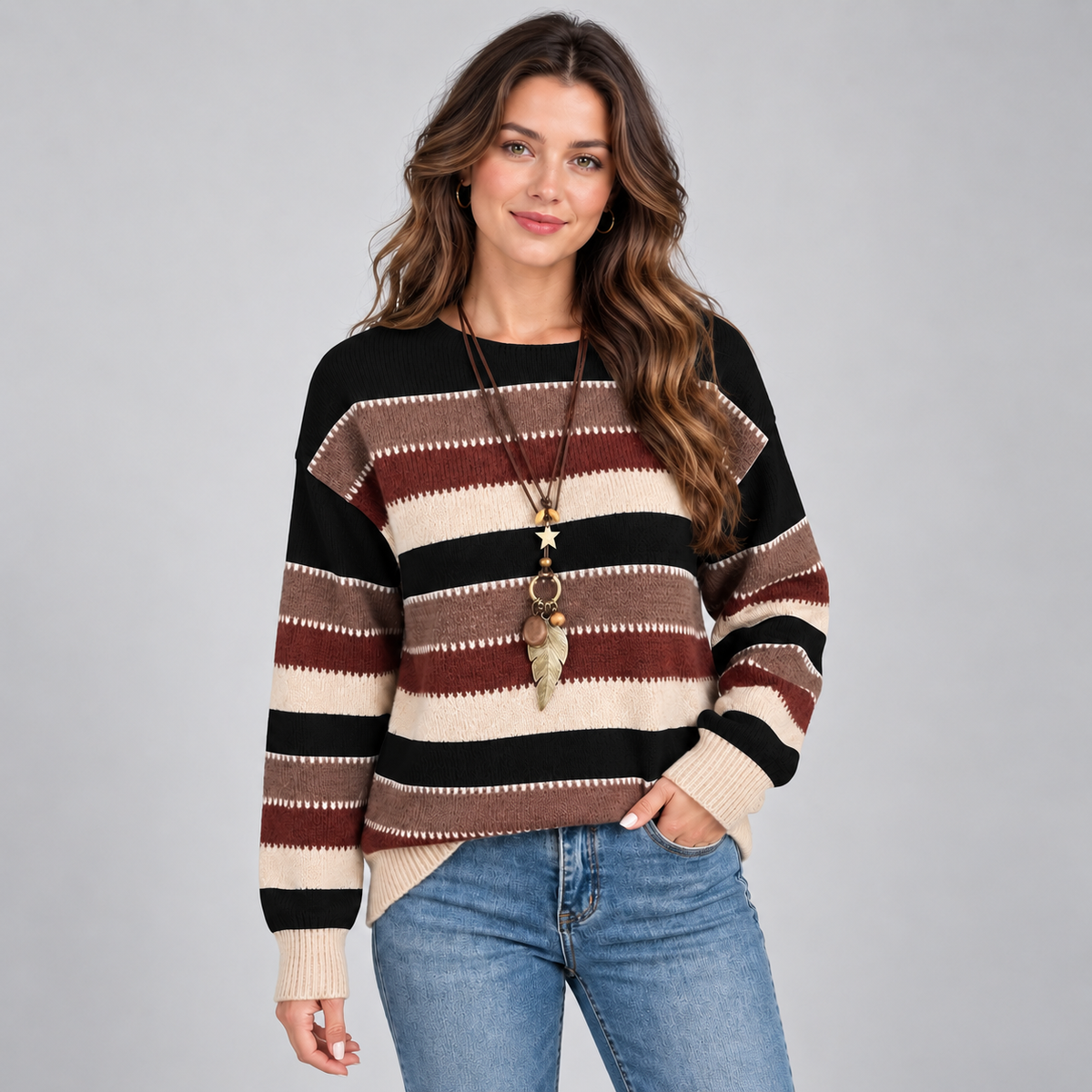 Women's Striped Crewneck Sweater – Loose Fit Knit Pullover