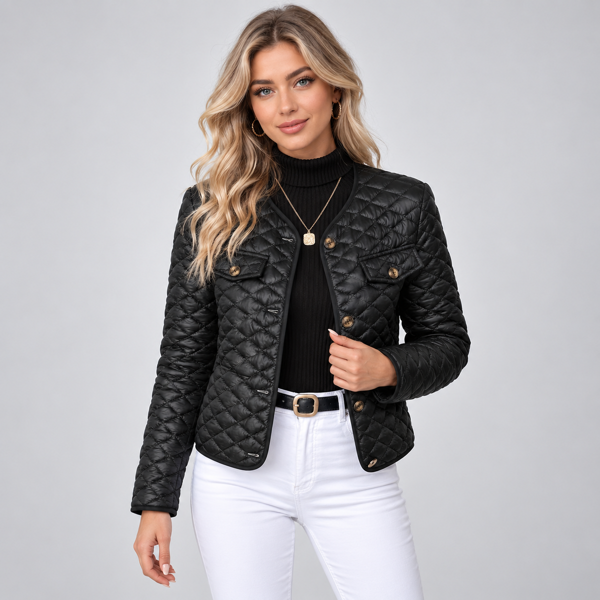 Women's Quilted V-Neck Jacket – Button Detail Padded Layer