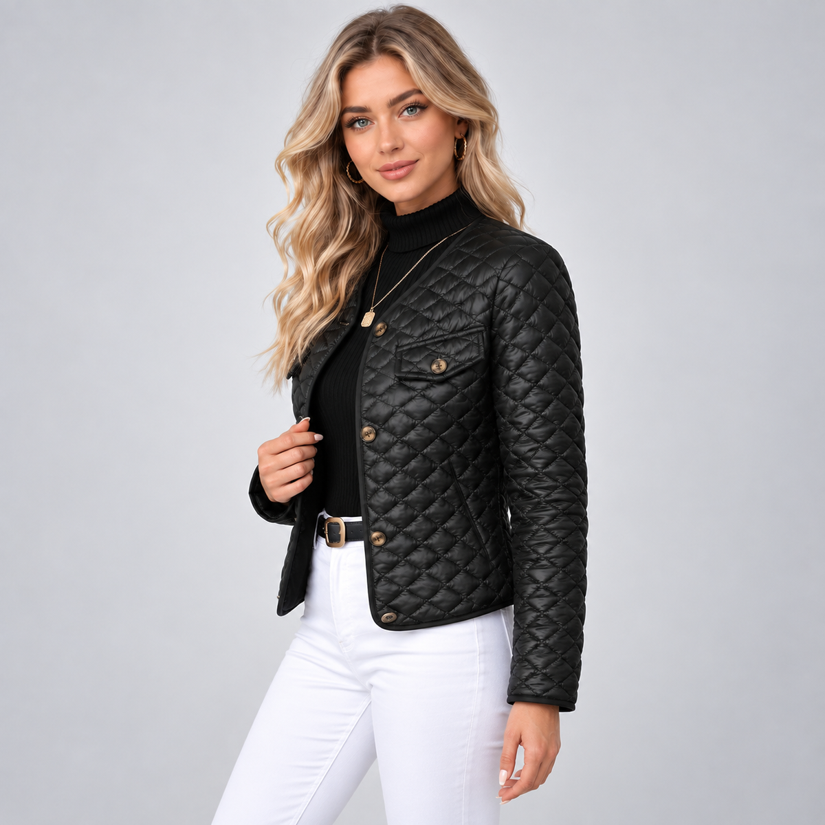 Women's Quilted V-Neck Jacket – Button Detail Padded Layer