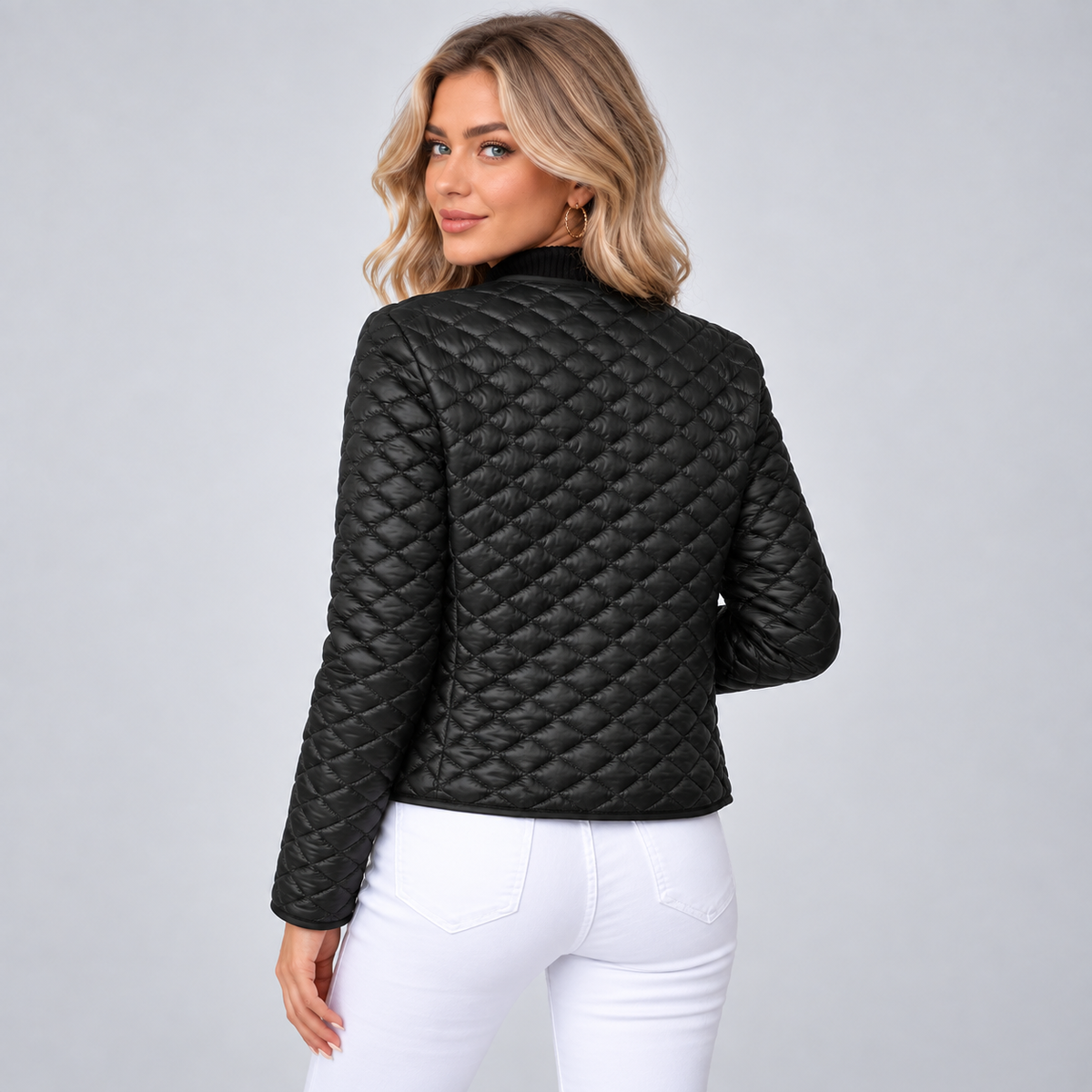 Women's Quilted V-Neck Jacket – Button Detail Padded Layer