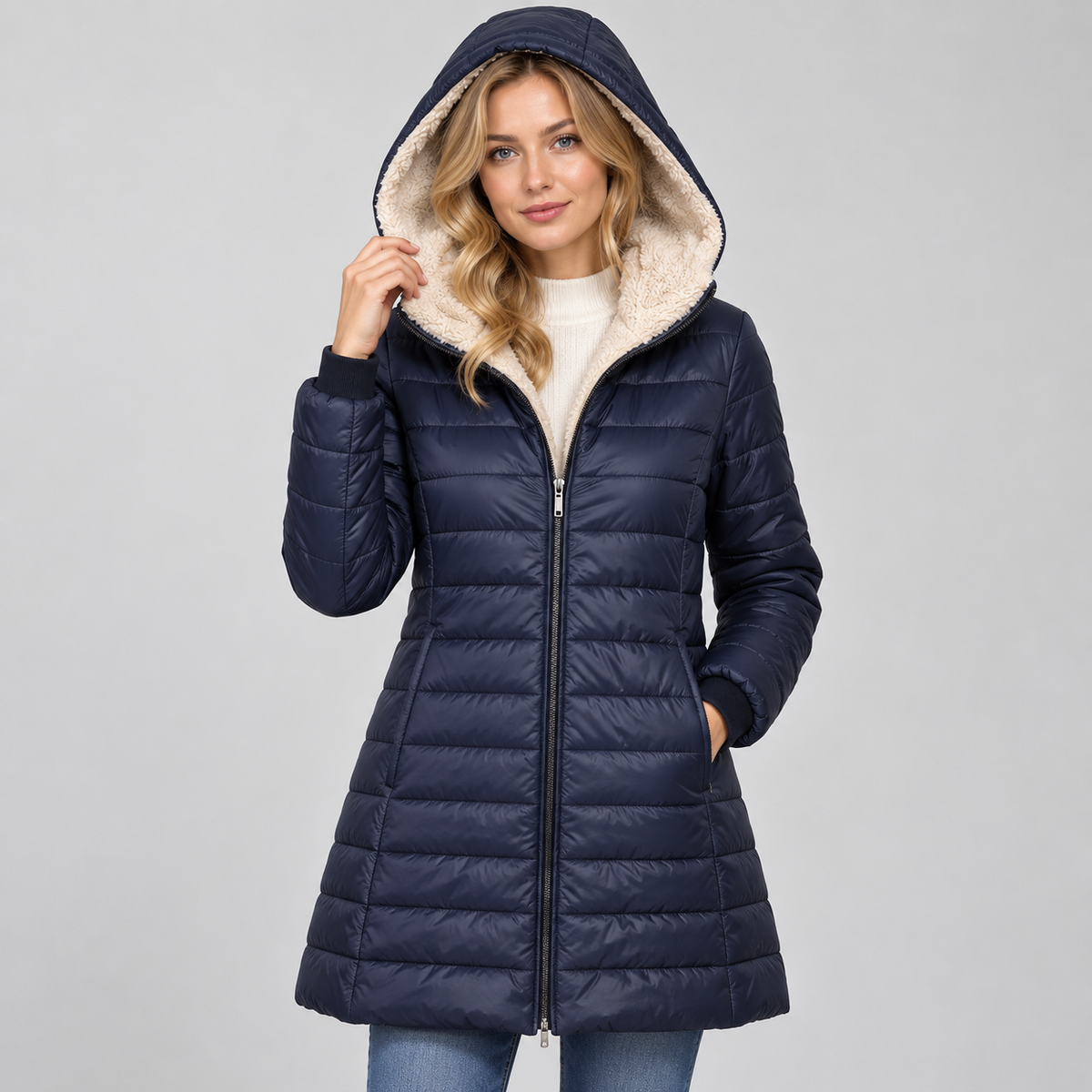 Women's Hooded Padded Coat – Fleece Lined Mid-Length Zip-Up Winter Coat