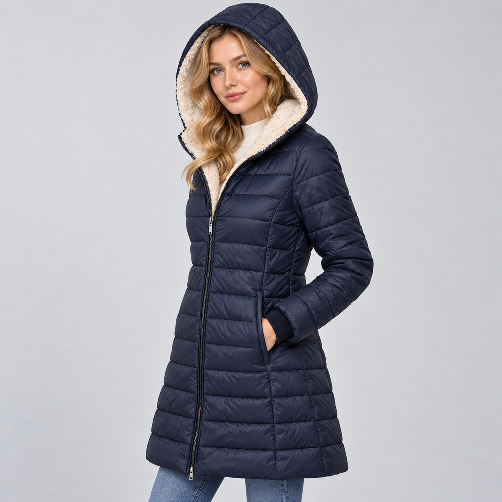 Women's Hooded Padded Coat – Fleece Lined Mid-Length Zip-Up Winter Coat