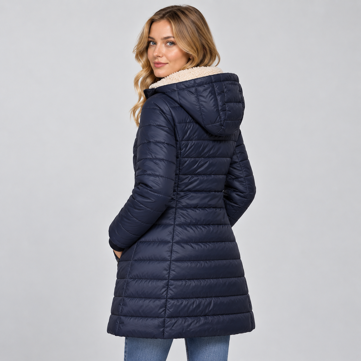 Women's Hooded Padded Coat – Fleece Lined Mid-Length Zip-Up Winter Coat