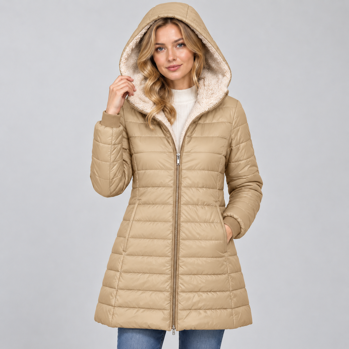 Women's Hooded Padded Coat – Fleece Lined Mid-Length Zip-Up Winter Coat