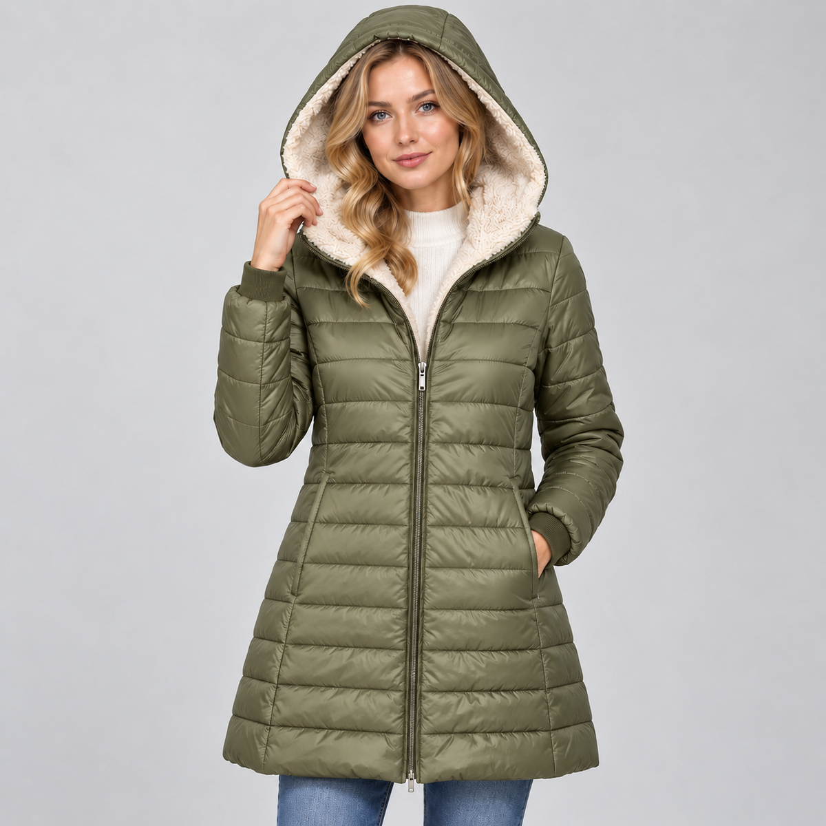 Women's Hooded Padded Coat – Fleece Lined Mid-Length Zip-Up Winter Coat