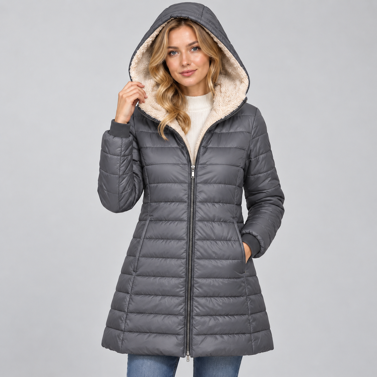 Women's Hooded Padded Coat – Fleece Lined Mid-Length Zip-Up Winter Coat