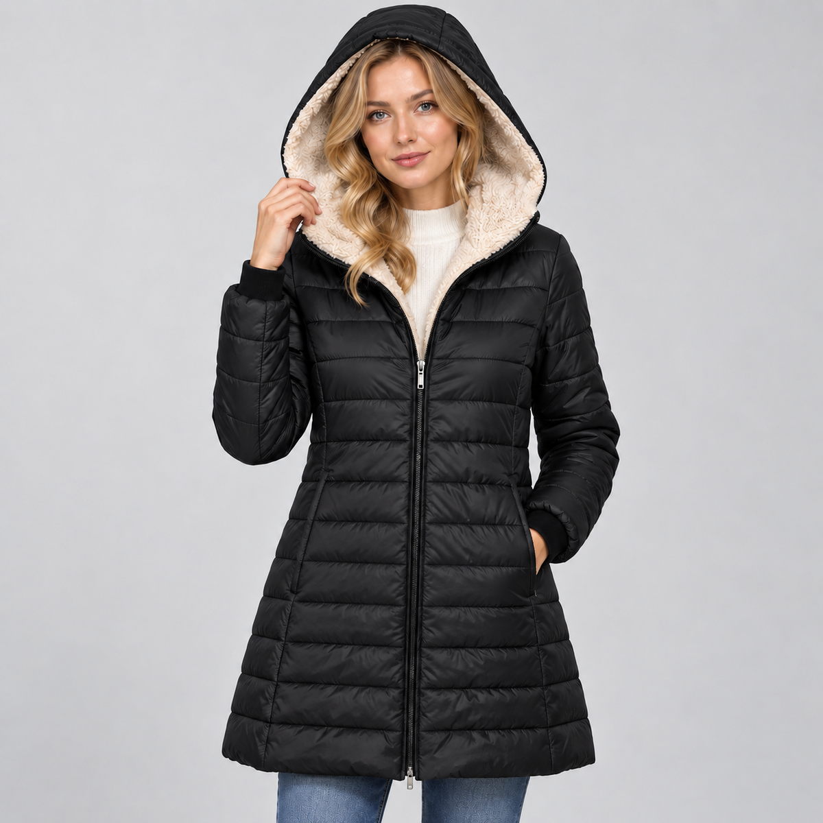 Women's Hooded Padded Coat – Fleece Lined Mid-Length Zip-Up Winter Coat