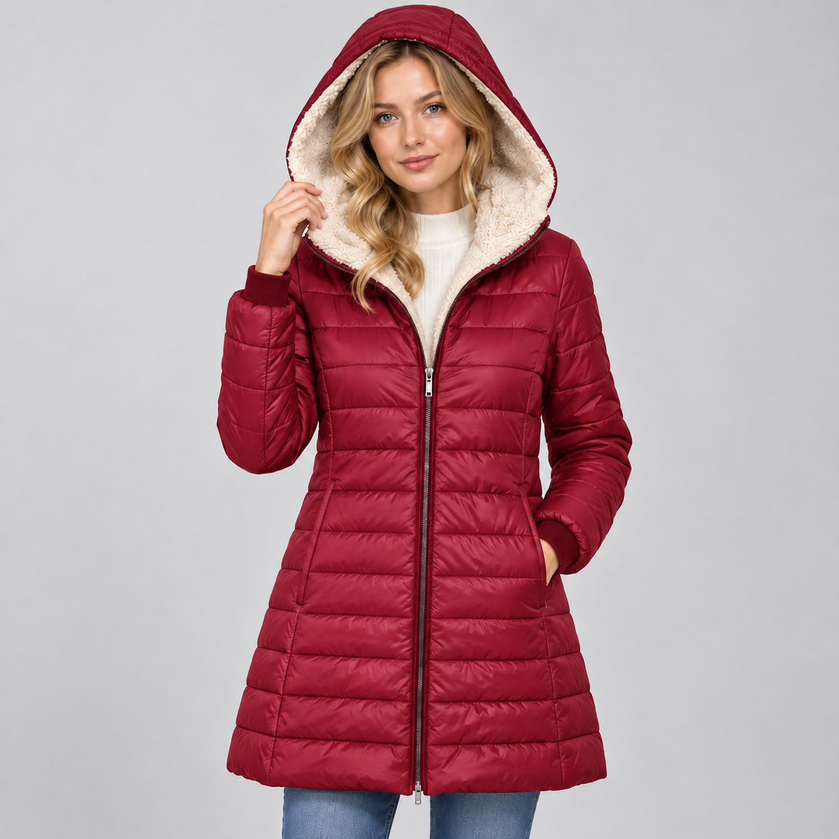 Women's Hooded Padded Coat – Fleece Lined Mid-Length Zip-Up Winter Coat