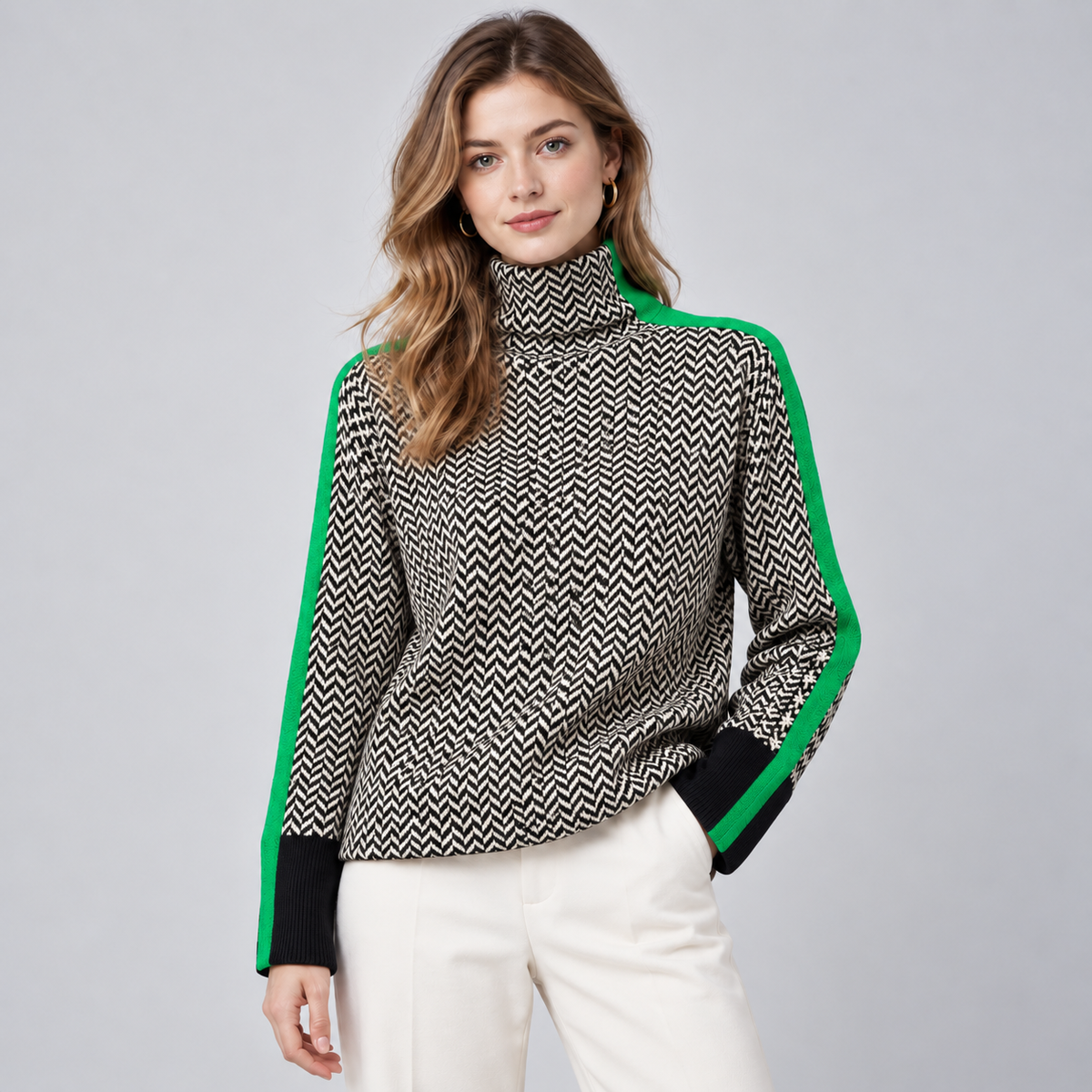 Women's Striped High Neck Sweater – Relaxed Fit Knit Pullover