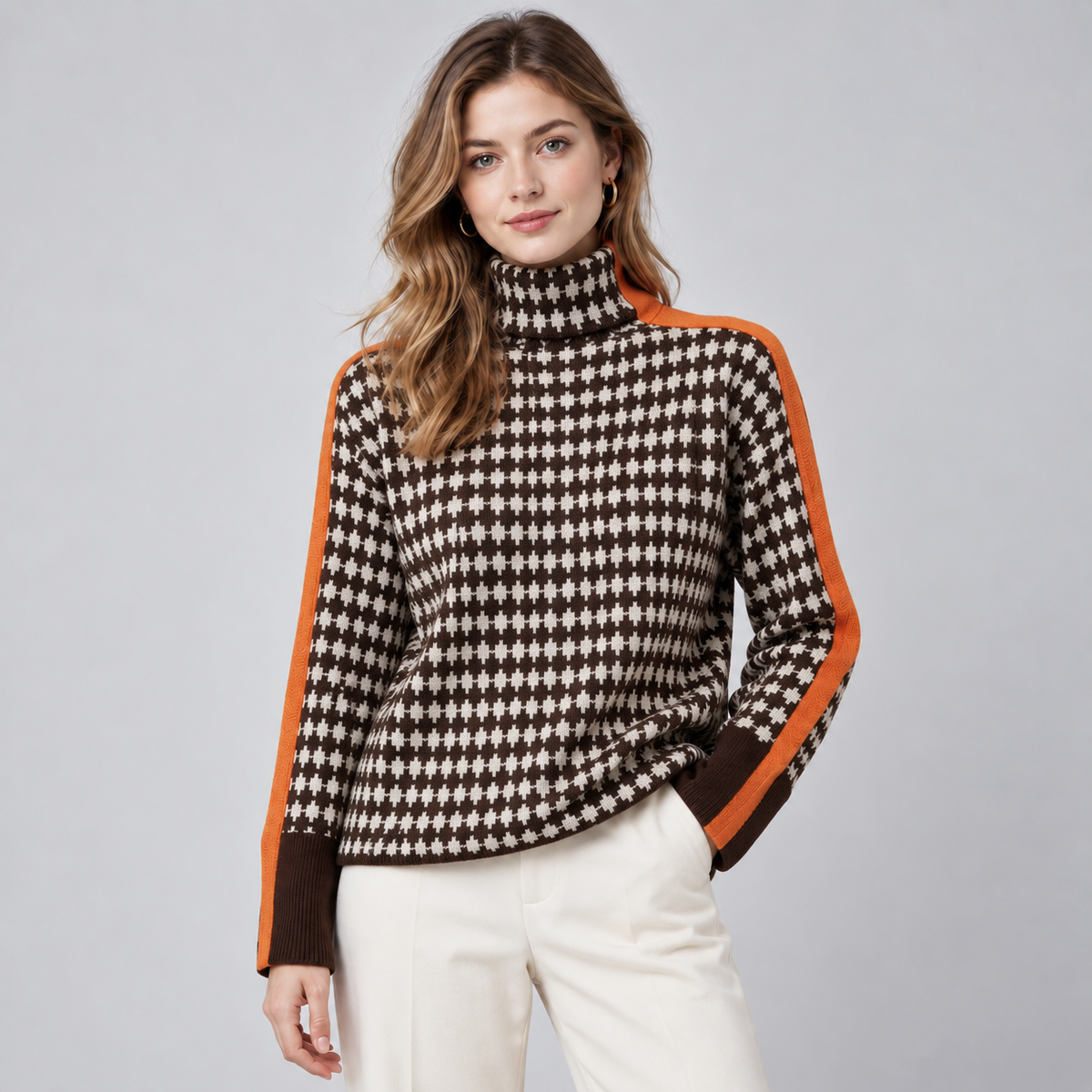 Women's Striped High Neck Sweater – Relaxed Fit Knit Pullover