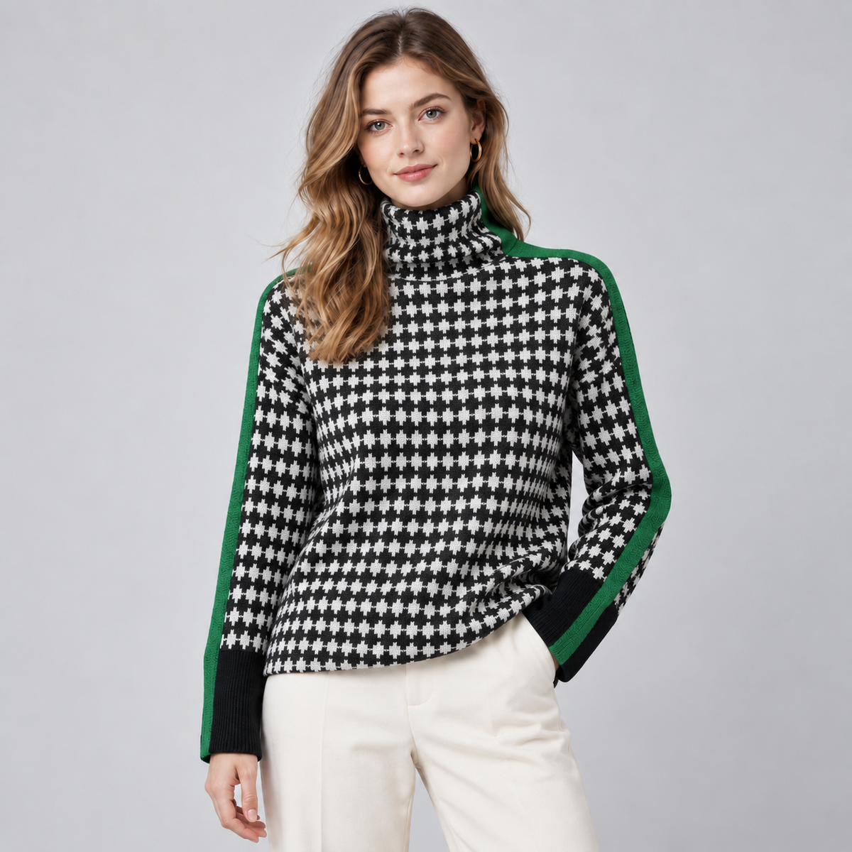 Women's Striped High Neck Sweater – Relaxed Fit Knit Pullover