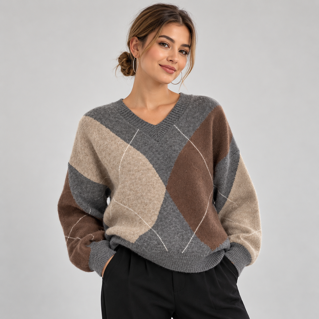 Women's Argyle V-Neck Sweater – Loose Fit Long Sleeve Knit Pullover