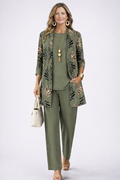 Women's 3-Piece Outfit Set - Flowing Cardigan, Tank Top & Printed Trousers