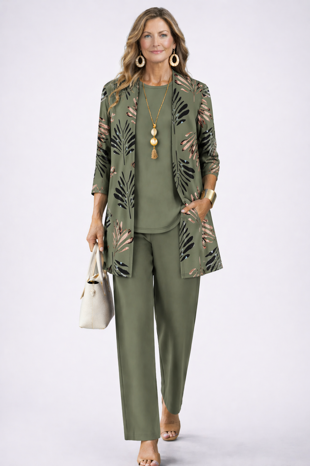 Women's 3-Piece Outfit Set - Flowing Cardigan, Tank Top & Printed Trousers