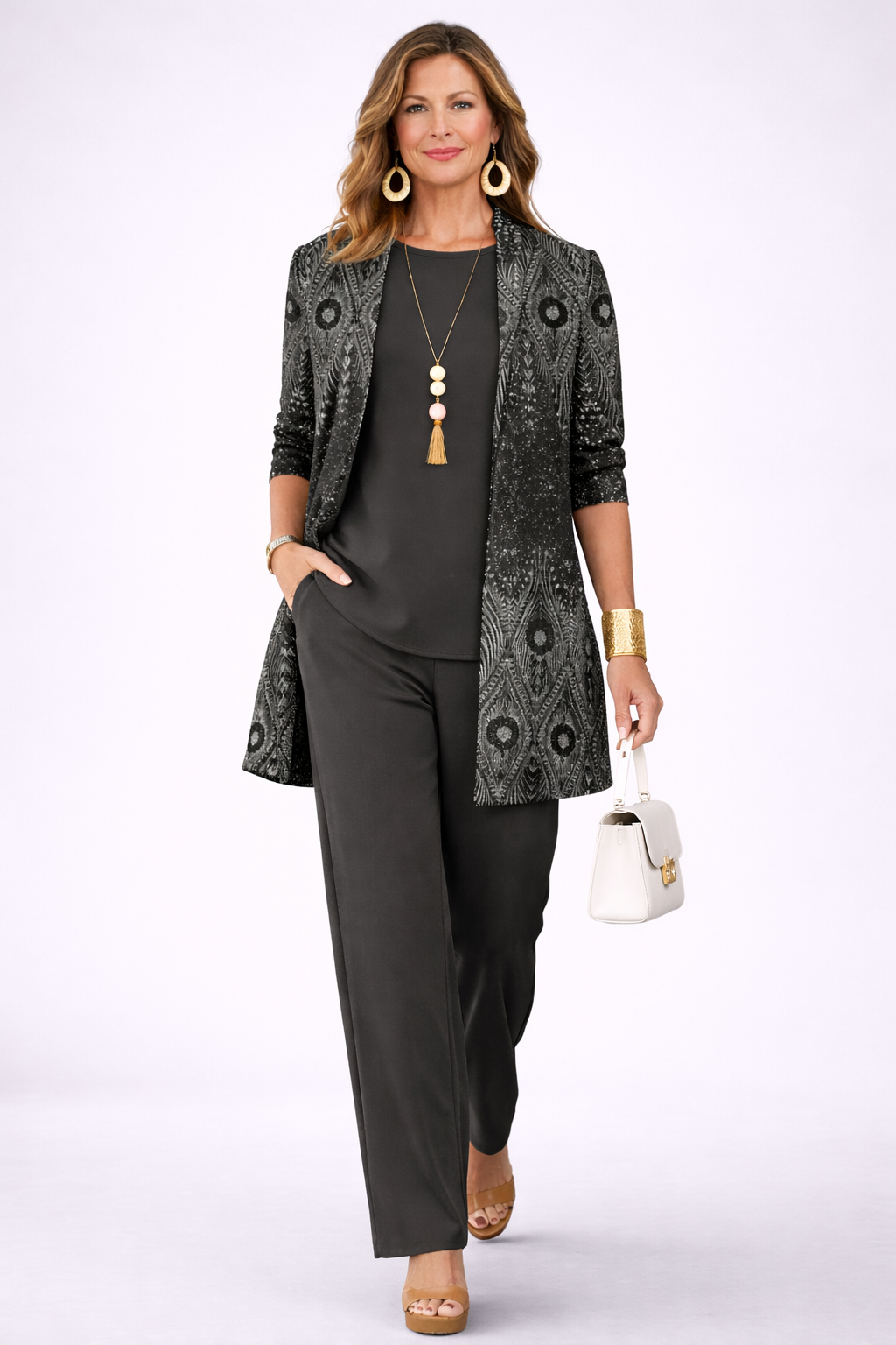 Women's 3-Piece Black Outfit Set - Patterned Cardigan, Top & Wide-Leg Trousers